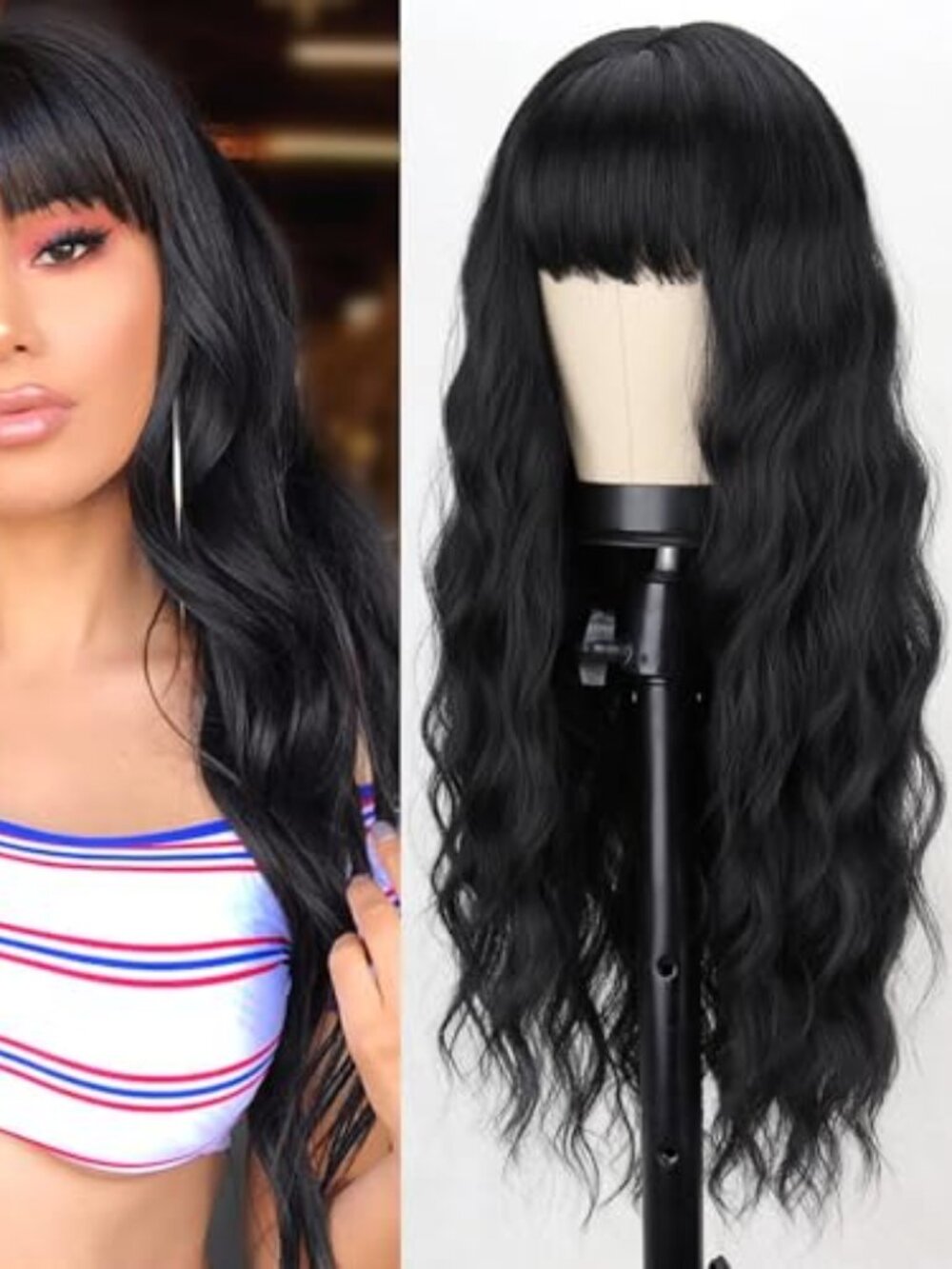 Long Black Wig with Bangs,26 Inches Synthetic Wavy Bang Black Wigs for Women, Wo
